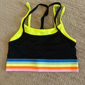 Fabletics Black and Yellow Sports Bra with Colorful Stripes